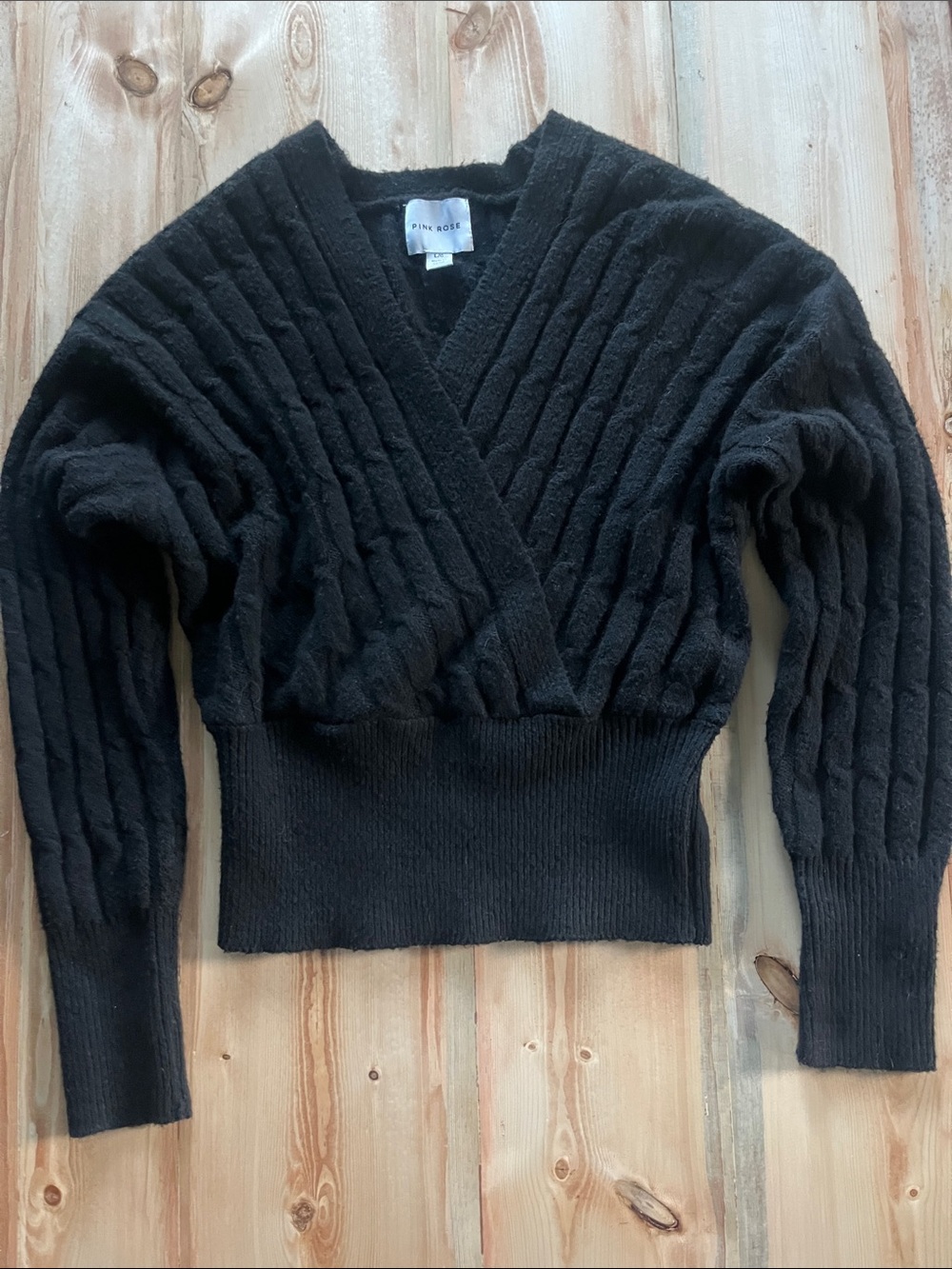 Pink Rose Black Ribbed V-Neck Crossover Pullover Knit Sweater